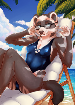 anthro beach breasts chair clothing eyewear female furniture glasses nipples_visible_through_clothing on_chair one-piece_swimsuit palm_tree plant sitting sitting_on_chair solo swimwear tree blusagi cooper_mordaut domestic_ferret mammal mustelid musteline true_musteline weasel absurd_res hi_res