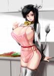 apron apron_only big_breasts black_hair bodily_fluids breasts clothed clothing collar cowbell erect_nipples female hadaka_apron hair horn huge_breasts legwear lips long_hair looking_at_viewer mostly_nude nipples parted_lips pose shirt skimpy smile solo sweat thigh_highs tight_clothing topwear steamedeggz animal_humanoid bovid bovid_humanoid bovine bovine_humanoid cattle_humanoid humanoid mammal mammal_humanoid absurd_res hi_res