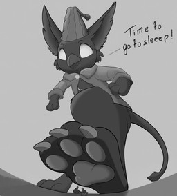 3_fingers 3_toes ambiguous_gender anthro barefoot beak big_ears biped black_beak black_body black_fur black_tail black_tail_tuft bottomless bottomless_ambiguous bottomless_anthro claws clothed clothed_ambiguous clothed_anthro clothing crescent_moon dialogue duo empty_eyes extreme_size_difference feet fingers foot_focus fur hair handpaw hat headgear headwear hindpaw imminent_crush imminent_death larger_ambiguous larger_anthro low-angle_view lying macro macro_ambiguous macro_anthro moon nightcap on_back open_beak open_clothing open_mouth open_topwear pajamas pawpads paws scarf semi-anthro simple_background size_difference smaller_ambiguous smaller_human solo_focus tail tail_tuft text toe_claws toes topwear tuft white_eyes young young_ambiguous young_anthro zeevee_(artist) deadlock_(game) mythology valve rem_(deadlock) avian chimera dream_creature gryphon human mammal mythological_avian mythological_creature 2026 english_text hi_res monochrome