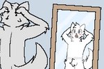 anthro black_eyes blush boy_kisser_(meme) domestic_cat fangs felid feline felis fur kaycraftytrus male mammal meme mirror scared silly_cat_(mauzymice) simple_background simple_eyes solo surprised_expression surprised_face tail teeth text white_body white_ears white_fur white_tail