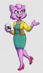 anthro beverage biped bottomwear cardigan choker clothed clothing coffee collar dress female food footwear green_eyes high_heels jewelry necklace shoes skirt solo walking whiskers lissatoons bojack_horseman netflix princess_carolyn domestic_cat felid feline felis mammal absurd_res hi_res