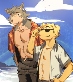 anthro athletic athletic_anthro athletic_male beach clothed clothing cloud duo eyewear floppy_ears jacket looking_at_viewer male male_anthro mountain open_clothing open_jacket open_topwear sea slim_anthro slim_male standing sunglasses topwear water hemuchang beastars jack_(beastars) legoshi_(beastars) canid canine canis domestic_dog mammal wolf hi_res
