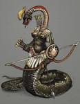 absurd_res anthro apode armor arrow_(weapon) bottomless bottomwear bow_(weapon) clothed clothing draconcopode female hellenistic hellenistic_armor helm_(disambiguation) hi_res legless long_neck lordgood naga nipple_armor nipple_bondage nipple_piercing nipple_ring nipple_ring_pull nipples piercing ranged_weapon reptile ring_piercing sacels scalie serpentine shield skirt snake solo weapon