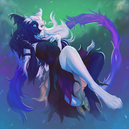 abstract_background anthro black_body black_clothing black_fur black_hair blue_eyes blue_teeth clothed clothing female fur hair long_fingers long_hair looking_at_viewer open_mouth open_smile purple_body purple_fur purple_tail smile solo spiral spiral_eyes tail teeth whiskers white_body white_fur white_hair lostgoose cosmokitty domestic_cat felid feline felis mammal 1:1 2022 dated full-length_portrait hi_res portrait signature