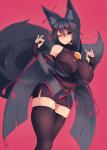 accessory big_breasts black_body black_fur black_hair blue_eyes blush bottomwear breasts clothed clothing ear_piercing female fluffy fluffy_tail food fur hair hair_accessory hairclip huge_breasts inner_ear_fluff legwear piercing pink_background simple_background skirt solo tail thigh_highs tuft sub-res kiri_(sub-res) animal_humanoid canid canid_humanoid canine canine_humanoid fox_humanoid humanoid mammal mammal_humanoid 2019 absurd_res hi_res