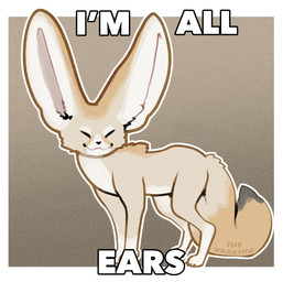 ambiguous_gender big_ears brown_body brown_fur feral fluffy fluffy_tail fur grey_body grey_fur huge_ears multicolored_body multicolored_fur simple_background solo tail tan_body tan_fur text thevarking im_all_ears canid canine fennec_fox fox mammal true_fox 2026 english_text hi_res