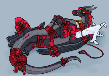 bdsm bondage bound female feral gift_wrapped green_eyes grey_body leash multicolored_body muzzle_(object) red_ribbon solo two_tone_body kuueen mythology wings_of_fire dragon mythological_creature mythological_scalie nightwing_(wof) rainwing_(wof) scalie absurd_res hi_res