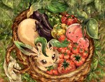 5_fingers ambiguous_gender basket bell_pepper container eggplant eyes_closed feral fingers food fruit group pepper_(fruit) plant smile tail koike_09 nintendo pokemon cherubi eeveelution elemental_creature flora_fauna food_creature generation_4_pokemon leafeon living_fruit pokemon_(species) 2015