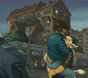 bottomwear building clothed clothing denim denim_bottomwear denim_clothing denim_shorts detailed_background elderly_female female fungus fur group hair hooves horn hug log_cabin male modern_architecture mushroom outside plant police shorts slavic_vernacular_architecture sportswear store_sign street_lamp tail text tree urban young young_male cringehog european_mythology mythology arthropod beetle elateroid firefly humanoid insect mammal mythological_creature satyr absurd_res constructed_language cyrillic_text digital_media_(artwork) english_description fictional_language hi_res