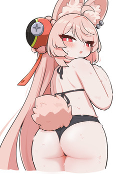 accessory anthro bikini black_bikini black_clothing black_swimwear blush butt clothing ear_piercing ear_ring female fur hair hair_accessory inner_ear_fluff long_hair looking_at_viewer looking_back open_mouth piercing pink_body pink_fur pink_hair pupils rabbit_ears rear_view red_eyes ring_piercing scut_tail short_tail simple_background solo standing swimwear tail tuft two-piece_swimsuit white_background white_pupils lalala_(artist) mihoyo zenless_zone_zero zhao_(zenless_zone_zero) lagomorph leporid mammal rabbit thiren