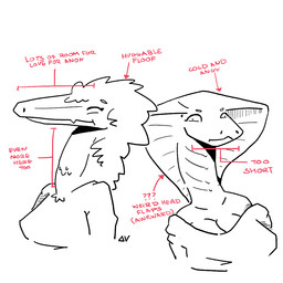 anthro big_breasts breasts cleavage clothed clothing cute_fangs diagram directional_arrow duo eyelashes eyes_closed fangs female hair neck_tuft non-mammal_breasts question_mark shadow shirt short_hair simple_background smile teeth text topwear tuft white_background deltav dinosaur dromaeosaurid prehistoric_species reptile scalie snake theropod 1:1 black_and_white english_text monochrome signature