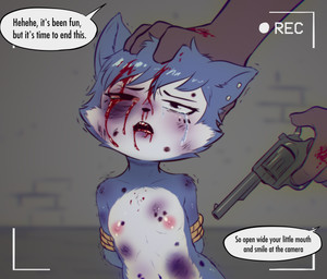 4_fingers after_fight anthro beaten beaten_up blood blood_from_mouth blood_in_mouth blood_on_hand bodily_fluids bound breasts bruised bruised_eye bruised_face bruised_neck buckteeth burn burn_scar camera claws cocking_gun covered_in_bruises cruelty crying crying_blood defeated defeated_villainess detailed_background dialogue duo ear_piercing execution female finger_claws fingers forced furrowed_eyebrows gore gun handgun head_tuft helpless holding_head imminent_death industrial_piercing larger_male male navel neck_wound nipples nosebleed nude open_mouth pain piercing pink_nipples pistol ranged_weapon recorded_death recording revolver ryona sad sadism scar shaking size_difference small_breasts smaller_female submissive submissive_female suffering tears teeth text torture trembling tuft video_camera violence weapon wince wounded e254e kora_(e254e) mammal rodent sciurid tree_squirrel absurd_res english_text hi_res