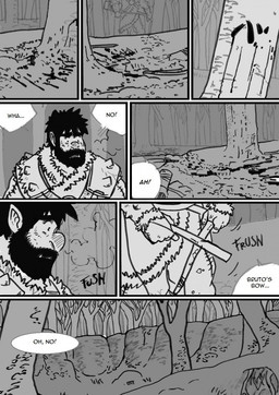 blood bodily_fluids dialogue forest hairy male muscular plant snow text tree weapon husky92 humanoid mammal orc comic english_text hi_res monochrome multiple_scenes
