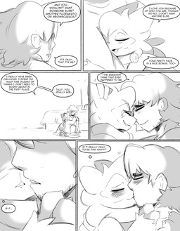 anthro bed bedroom between_legs blush claws clothing cuddling dialogue duo facial_hair facial_scar fangs female furniture hand_on_face happy hug human_on_anthro_romance kiss_on_lips kissing love male on_lap romantic scar shirt sitting sitting_on_lap t-shirt talking_to_another teeth text topwear spicykiwi nintendo pokemon thomas_(spicykiwi) tulip_(spicykiwi) floragato generation_9_pokemon pokemon_(species) absurd_res comic english_text hi_res monochrome story