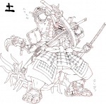 4_arms ambiguous_gender armor blade front_view headgear helmet holding_melee_weapon holding_object holding_sword holding_weapon laminar_armor melee_weapon multi_arm multi_limb multi_wielding muscular muscular_ambiguous samurai solo sword text warrior weapon nezumi_(artist) arthropod centipede insect myriapod digital_drawing_(artwork) digital_media_(artwork) full-length_portrait monochrome portrait translated