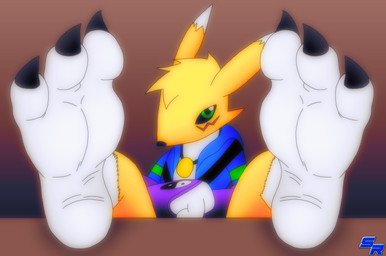 3_toes anthro barefoot big_feet black_claws blue_clothing blue_hoodie blue_topwear claws clothed clothing feet foot_fetish foot_on_table fur furniture green_eyes hoodie jewelry looking_at_viewer pendant purple_clothing sitting table toe_claws toes topwear white_body white_feet white_fur yellow_body yellow_fur ryoosakuling bandai_namco digimon digimon_(species) mammal renamon 2022 digital_drawing_(artwork) digital_media_(artwork) hi_res