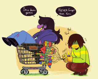 5_fingers ambiguous_gender ambiguous_human anthro bottomwear brown_hair clothing dark_hair duo female fingers fire fireworks footwear grass hair hair_over_eyes jacket kneeling lighter long_hair male obscured_eyes pants plant rocket sharp_teeth shoes shopping_cart simple_background smile speech_bubble sweater talking_to_another teeth text topwear yellow_teeth fatz_geronimo deltarune undertale_(series) kris_dreemurr susie_(deltarune) human mammal reptile scalie colored english_text shaded