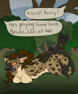 angry anthro blush bound captured ear_piercing fangs female glare hair hogtied long_hair lying markings on_front pawpads paws piercing solo spots spotted_markings teeth text thehatredburrito grata gnoll hyena mammal english_text hi_res