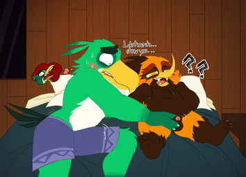 adult_on_young age_difference animal_genitalia anthro balls beak bed bedroom black_eyes black_tail black_tail_feathers blue_bottomwear blue_clothing blue_shorts blush bodily_fluids bottomwear brown_body brown_feather_hair brown_feathers brown_hair bulge claws clothing detailed_bulge duo erection erection_under_clothing fangs feather_hair feathers front_view furniture genital_fluids genital_outline genitals green_body green_feather_hair green_feathers green_hair grey_claws grey_toe_claws hair half-closed_eyes hand_on_face hand_on_own_face hand_on_penis handjob inside internal_screaming looking_at_genitalia looking_at_own_penis looking_at_penis looking_at_self looking_pleasured lying male male/male multicolored_body multicolored_bottomwear multicolored_clothing multicolored_feathers multicolored_hair multicolored_shorts narrowed_eyes nervous nude on_back on_bed on_side orange_body orange_eyes orange_feather_hair orange_feathers orange_hair orange_sclera penile penis penis_outline pillow precum precum_through_clothing precum_through_shorts pseudo_hair question_mark sex sharp_teeth sheath shorts size_difference small_balls small_penis tail tail_feathers teeth text thinking thought_bubble toe_claws tongue two_tone_body two_tone_bottomwear two_tone_clothing two_tone_feather_hair two_tone_feathers two_tone_hair two_tone_shorts wet wet_clothing white_body white_claws white_feathers window yellow_beak young young_anthro young_male younger_male sinood1e angry_birds rovio_entertainment sega bubbles_(sinood1e) hal_(angry_birds) avian bird oriole_(bird) toucan 2025 digital_media_(artwork) english_text hi_res