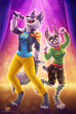 4_toes 5_fingers anthro barefoot bottomwear breasts claws clothed clothing countershading dancing digitigrade duo electronics eye_contact facial_piercing fangs feet female finger_claws fingers fully_clothed fur grey_body grey_fur hindpaw hoodie humanoid_hands inside jacket looking_at_another microphone multicolored_body multicolored_fur nose_piercing nose_ring on_stage open_mouth open_smile pants paws piercing ring_piercing septum_piercing shirt shorts singing smile stage stage_lights standing sweatshirt t-shirt tail teeth toe_claws toes tongue topwear two_tone_body two_tone_fur white_body white_fur dolphydolphiana illumination_entertainment sing_(movie) nooshy_(sing) porsha_crystal arctic_wolf canid canine canis felid feline lynx mammal wolf 2022 digital_media_(artwork) shaded signature