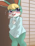 anthro biped blonde_hair blush bodily_fluids clothed clothing eyelashes femboy front_view green_body hair heart_eyes heart_symbol looking_at_viewer open_mouth pupils shirt smile solo sweat thick_thighs topwear mr-shin animal_crossing nintendo sasha_(animal_crossing) lagomorph leporid mammal rabbit absurd_res hi_res