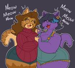 anthro belly big_breasts black_hair breasts brown_body brown_fur brown_hair cleavage clothed clothed_female clothing cuddling denim denim_clothing duo eyes_closed eyewear female female/female fur glasses hair hug meow meowing open_mouth overweight overweight_anthro overweight_female purple_body purple_fur simple_background slightly_chubby slightly_chubby_anthro slightly_chubby_female smile sweater tail text topwear turtleneck catboyz undertale undertale_(series) catty_(undertale) mika_(catboyz) domestic_cat felid feline felis mammal siberian_cat absurd_res digital_media_(artwork) english_text hi_res