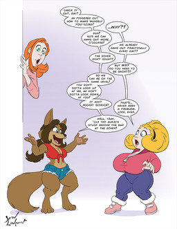 anthro barefoot big_breasts blonde_hair blue_eyes bottomwear breasts brown_body brown_fur brown_hair clothing dialogue digitigrade feet female footwear fur green_eyes group hair heart_eyes heart_symbol implied_transformation navel open_mouth pants shirt shoes shorts shortstack simple_background smile standing surprised tail text topwear zipper jklind daisy_(jklind) mary-anne_(jklind) canid canine canis human mammal wolf 2026 digital_media_(artwork) english_text