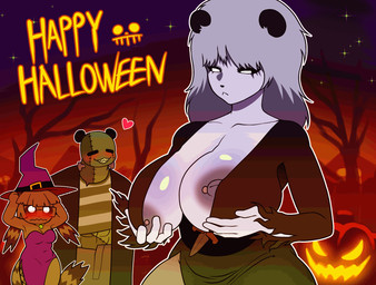 anthro barbell_piercing big_breasts black_nose blush bouncing_breasts breasts clothed clothing color_banding female frankenstein_costume group hair happy_halloween hat headgear headwear holidays magic_user male male/female nipple_piercing nipples piercing text trio white_body white_hair witch witch_costume witch_hat voideyedpanda elvira:_mistress_of_the_dark halloween bo_(voideyedpanda) elvira_(mistress_of_the_dark) millie_(voideyedpanda) veddy_(voideyedpanda) bear giant_panda mammal 2025 animated hi_res loop