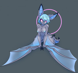 anthro areola bat_wings blue_areola blue_nipples blue_nose blue_wings breasts claws dipstick_ears ear_markings female fur grey_body grey_fur markings membrane_(anatomy) membranous_wings multicolored_ears navel nipples nude nude_anthro nude_female purple_eyes simple_background solo winged_arms wings remzi-k-o dreamkeepers vanth bat mammal hi_res