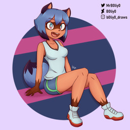 anthro blue_body blue_bottomwear blue_clothing blue_fur blue_hair blue_tail bottomwear breasts clothed clothing dolphin_shorts female footwear fully_clothed fur hair humanoid_face open_mouth open_smile shoes shorts smile solo tail teeth tongue topwear b0liy0 brand_new_animal studio_trigger michiru_kagemori canid canine mammal raccoon_dog tanuki 1:1 absurd_res hi_res
