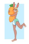anthro blonde_hair blue_eyes brown_body brown_fur carrot clean_diaper clothed clothing diaper diaper_only female food fur green_diaper hair littlepawz_(diaper) padding plant plushie solo topless vegetable wearing_diaper wetness_indicator white_diaper octojo abuniverse littlepawz susie_(octojo) lagomorph leporid mammal rabbit hi_res