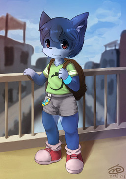 4_fingers anthro backpack blue_body blue_fur bottomwear bulge clothing fingers fur inner_ear_fluff looking_at_viewer male outside red_eyes shirt shorts shota smile solo standing t-shirt topwear tuft wristband young young_anthro zhongs2011 rorian_blackrose canid canine canis mammal wolf absurd_res hi_res