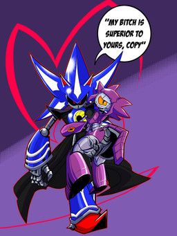 1_eye anthro biped black_sclera blue_body cape carrying_another carrying_partner clothed clothing dialogue duo female grey_body heart_symbol holding_partner looking_at_viewer male male/female multicolored_body orange_sclera profanity pupils purple_background purple_body red_eyes sharp_teeth simple_background slit_pupils speech_bubble tail talking_to_viewer teeth text two_tone_body mrstressor gameoverse glitch_productions sega sonic_the_hedgehog_(series) malice_(gameoverse) neo_metal_sonic felid feline mammal robot_anthro 2026 3:4 crossover digital_drawing_(artwork) digital_media_(artwork) english_description english_text hi_res