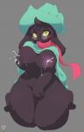 anthro big_breasts black_body black_fur bodily_fluids breasts clothing covering covering_crotch covering_self crossgender eyewear female fur glasses hat headgear headwear lactating looking_at_viewer milk mostly_nude navel nipples scarf simple_background solo thick_thighs masc0t361 deltarune undertale_(series) ralsei bovid caprine goat mammal absurd_res digital_media_(artwork) hi_res