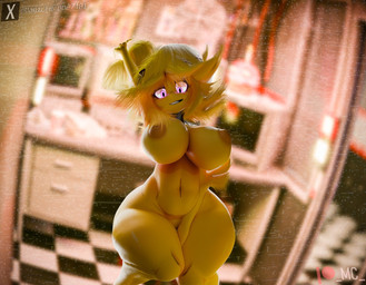 accessory areola belly big_breasts blonde_hair blurred_background breasts dark_areola dark_nipples dutch_angle female fisheye_lens glowing glowing_eyes hair hair_accessory hairclip inside looking_at_viewer messy_hair nipples ponytail purple_eyes raised_arm short_hair smile smiling_at_viewer solo text thick_thighs wide_hips yellow_areola yellow_body yellow_nipples magiccorpo cryptiacurves_(modeler) five_nights_at_freddy's fredina's_nightclub scottgames chica_(fnaf) chiku_(cryptiacurves) animal_humanoid avian avian_humanoid bird bird_humanoid chicken_humanoid galliform galliform_humanoid humanoid 3d_(artwork) digital_media_(artwork) english_text url watermark yellow_theme