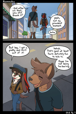 anthro backpack barefoot blue_sky brown_body brown_fur city clothed clothing day dialogue duo feet female fur green_eyes hair handbag hat headgear headwear highlights_(coloring) light male outside pawpads red_highlights size_difference sky speech_bubble sunlight tail text walking black-kitten ken_(black-kitten) maya_(black-kitten) canid canine canis domestic_dog hybrid lagomorph leporid mammal rabbit 2:3 colored english_text hi_res