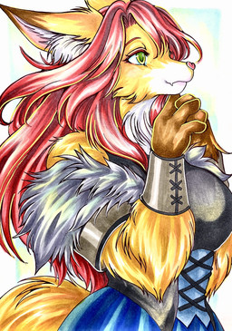 anthro armband armwear big_breasts breasts buxom cheek_tuft clothed clothed_anthro clothed_female clothing facial_tuft female fingers_crossed fluffy fluffy_arms fluffy_ear fluffy_ears fluffy_fur fluffy_hair fluffy_tail hair looking_aside medieval_clothing neck_tuft praying praying_hands red_hair simple_background smile solo tail tuft wristband wristwear saumi canid canine fox mammal hi_res