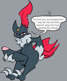 angry anthro balls big_penis blush dialogue eyelashes frown genitals holding_penis huge_penis hyper hyper_genitalia hyper_penis male penis scowl solo speech_bubble text goldeklovr nintendo pokemon generation_2_pokemon pokemon_(species) sneasel english_text hi_res