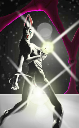 anthro backlighting biped blue_eyes breasts brown_nose digitigrade feet female fur genitals grasp humanoid_pointy_ears kneeling lens_flare light long_tail looking_back mohawk nude pink_vulva pointy_ears rear_view science_fiction solo star sun tail vulva white_body white_fur felixspeagel alien mirrash lighting