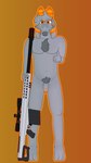 anthro balls barrett_m82 chest_tuft facial_hair flaccid floppy_ears foreskin fur genitals gesture goatee grey_body grey_fur gun hair hand_gesture holding_object holding_weapon horn humanoid_genitalia humanoid_penis looking_at_viewer male nude orange_eyes orange_horn orange_penis orange_stripes penis pubes ranged_weapon rifle sniper_rifle solo standing stripes thumbs_up tuft weapon conditional_dnp gusta gusta_(gusta) bovid caprine goat mammal 9:16 hi_res