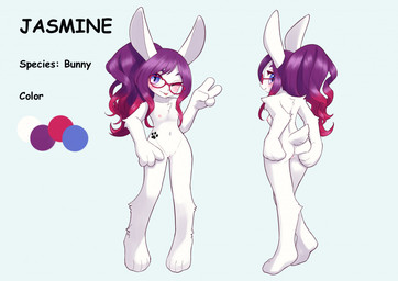 anthro anus blue_background blush breasts butt chest_tuft color_swatch eyebrows eyewear female female_anthro footprint fur genitals gesture glasses hair hand_gesture hand_on_butt hand_on_own_butt knock-kneed long_ears long_hair looking_at_viewer looking_back looking_back_at_viewer navel nude nude_anthro nude_female one_eye_closed pawprint pawprint_tattoo purple_eyebrows purple_eyes purple_hair red_eyewear red_glasses red_hair scut_tail short_tail simple_background small_breasts smile solo spread_butt spreading standing tail tattoo text tongue tongue_out tuft v_sign vulva wearing_glasses white_body white_fur wink winking_at_viewer unousaya jasmine_(floofer318) lagomorph leporid mammal rabbit character_name english_text model_sheet species_name