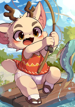 anthro antlers bodily_fluids briefs bulge clothing fishing fishing_rod footwear gradient_background horn male open_mouth pattern_clothing pattern_shirt pattern_tank_top pattern_topwear shirt shoes simple_background sky slippers socks socks_with_sandals solo sweat sweatdrop tank_top tighty_whities topwear underwear water water_drop white_briefs white_clothing white_footwear white_socks white_underwear young moketiw beacon_pines luka_vanhorn aquatic deer fish mammal hi_res