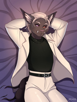 anthro bedding bedding_background belt black_belt black_clothing black_topwear blue_pupils bottomwear brown_body brown_fur clothed clothing front_view fur hair hand_behind_head heterochromia jacket lying male male_anthro mouth_closed on_back open_clothing open_jacket open_topwear pants pupils purple_eyes red_eyes solo text topwear white_bottomwear white_clothing white_hair white_jacket white_pants white_topwear apple-faced felid mammal artist_name english_text hi_res portrait three-quarter_portrait