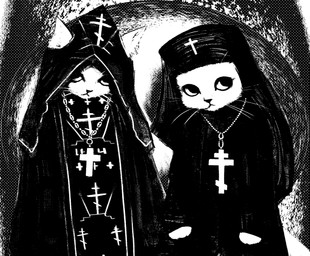 abstract_background ambiguous_anthro ambiguous_gender anthro biped black_clothing black_robe cape cassock christian_cross christian_symbol clothed clothed_ambiguous clothed_anthro clothing cowl cross cross_necklace duo fur furgonomic_headwear furgonomic_hood furgonomics headgear headwear jewelry necklace priest priest_robes religion religious_clothing religious_headwear religious_symbol robe semi-anthro simple_background slavic_cross symbol veil whiskers morphie christianity orthodox_christianity domestic_cat felid feline felis mammal black_and_white hi_res high_contrast monochrome