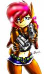 anthro big_breasts biped blue_eyes breasts brown_body brown_fur clothed clothing female fur gun hair ranged_weapon red_hair solo tattoo weapon zhengfox archie_comics black_lagoon sega sonic_the_hedgehog_(archie) sonic_the_hedgehog_(comics) sonic_the_hedgehog_(series) revy_(black_lagoon) sally_acorn chipmunk ground_squirrel mammal rodent sciurid 2016 hi_res