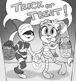 anthro bandage barefoot black_body candy casual_exposure clothed clothing costume dessert dialogue duo feet female female/female food hand_holding handwear holding_object holidays looking_at_viewer mummy_costume mummy_wrappings one_eye_closed open_mouth skimpy smile speech_bubble text trick-or-treating wink winking_at_viewer young young_anthro dushon ghoul_school halloween hanna-barbera scooby-doo_(series) sega sonic_the_hedgehog_(series) cream_the_rabbit tanis_(ghoul_school) human humanoid lagomorph leporid mammal mummy rabbit undead digital_media_(artwork) english_text hi_res monochrome