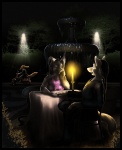 anthro black_hair bottomwear candle candlelight clothed clothing detailed_background dinner duo_focus eye_contact female footwear fountain fur furniture grey_body grey_fur group hair hand_holding light long_hair looking_at_another male male/female motor_scooter night open_mouth outside pants plant romantic romantic_ambiance romantic_couple romantic_dinner shirt shoes shrub suit table tail tank_top topwear artonis canid canine canis fox mammal wolf dark_theme