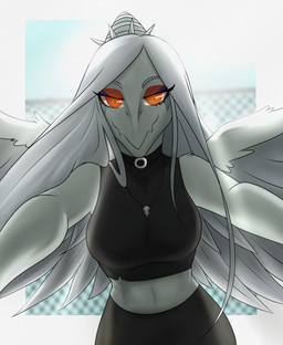 anthro biped black_bottomwear black_clothing black_crop_top black_pants black_shirt black_topwear blue_body blurred_background bone bone_frill border bottomwear breasts clothed clothed_anthro clothed_female clothing collar crop_top detailed_background feathered_wings feathers female fence frill_(anatomy) grey_body grey_feathers grey_hair hair half-closed_eyes imminent_hug jewelry long_hair looking_at_viewer markings medium_breasts narrowed_eyes necklace non-mammal_breasts orange_eyes outside pants reaching_towards_viewer shirt skull sky smile solo spiked_collar spikes striped_markings stripes topwear white_border wings jaaayyaaay cavemanon_studios goodbye_volcano_high ko_op_(game_developer) snoot_game fang_(gvh) prehistoric_species pterosaur reptile scalie colored half-length_portrait hi_res portrait shaded