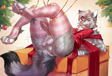 animal_genitalia animal_penis anthro anus balls blue_eyes bodily_fluids butt candy_cane_in_mouth christmas_present christmas_tree clothed clothing collar cum cum_drip dripping erection eyebrows eyewear feet feline_genitalia feline_penis femboy fur genital_fluids genitals gift gift_wrapped glasses grey_body grey_fur grin holidays legwear lying male on_back pattern_clothing pattern_legwear pattern_stockings pawpads penis pink_stockings plant raised_eyebrow round_glasses seductive skimpy smile solo stockings striped_clothing striped_legwear striped_stockings stripes toeless_legwear toeless_stockings tree wearing_glasses whiskers mekaska christmas nixuelle domestic_cat egyptian_mau felid feline felis mammal hi_res