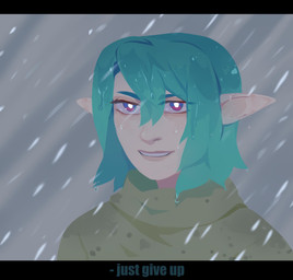 blue_eyes blue_hair clothed clothing female front_view green_clothing green_hair green_topwear hair humanoid_pointy_ears light_body light_skin multicolored_eyes pointy_ears purple_eyes raining simple_background solo topwear two_tone_eyes unsigned wet_hair corzh77 elf humanoid absurd_res bust_portrait hi_res letterbox portrait